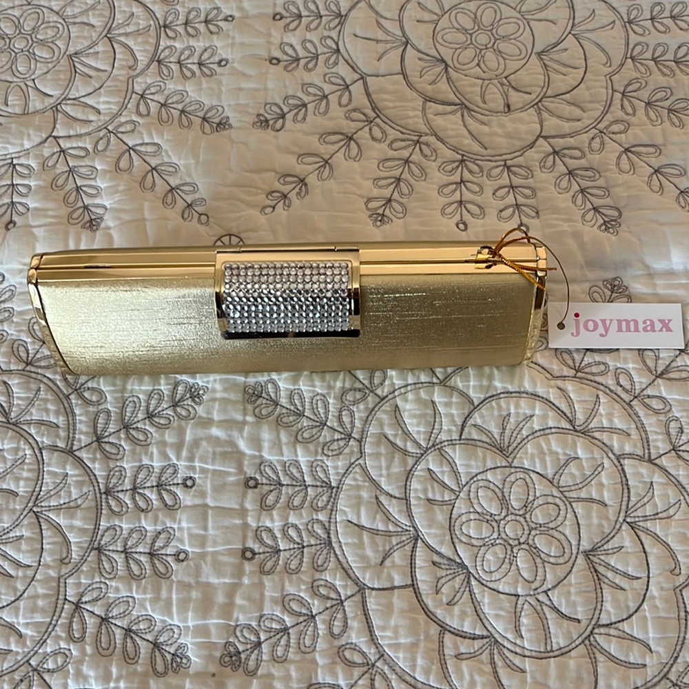 NWT. Gold clutch with stones in clasp. Includes dust bag. 8”x3”.